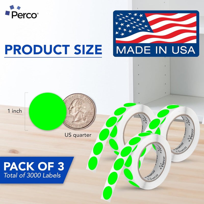 Perco Fluorescent Green 1-Inch Round Circle Dot Sticker Labels - Multi-Roll Pack (3 Rolls, 1,000 Labels Each) - Permanent Adhesive, Vibrant Colors, Strong Hold - Perforated for Easy Use - Made in USA - Image 2